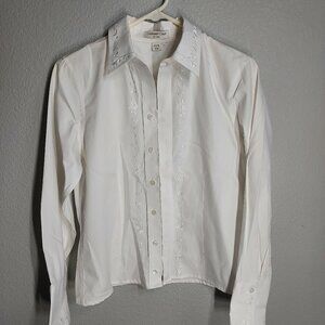 Coldwater Creek No Iron Shirt Zipper Front Embroidery Trim - White - XS 4